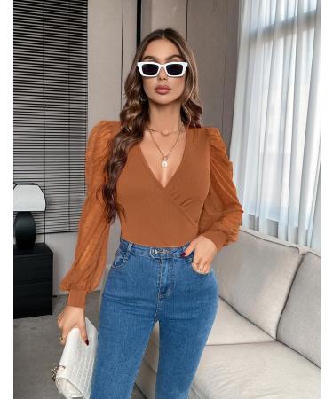 Fayenne Womens Tops Deep V Neck Cross Wrap Sexy Tops Polka Dot Mesh Long Sleeve T Shirt Casual Blouses XL Caramel - Buy Online on GoSupps.com