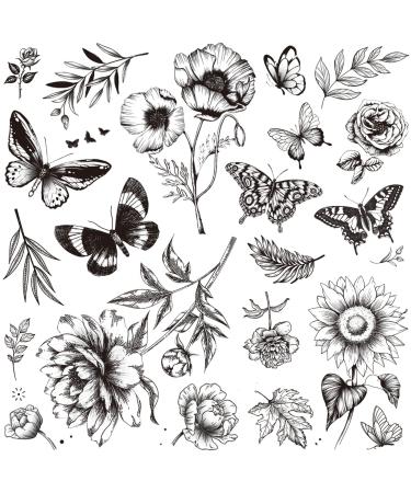 Tazimi 6 Sheets Black Flower Butterfly Temporary Tattoos For Women Girls Long Lasting Realistic Waterproof Fake Tattoos Arm Legs Chest Body Art Sketch Tattoo Stickers