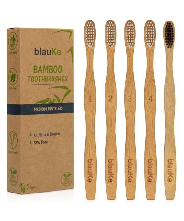 BlauKe Bamboo Toothbrushes Medium Bristles 5-Pack 4 White Wooden Toothbrushes 1 Black Charcoal Toothbrush Biodegradable Natural Eco Friendly