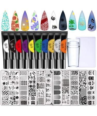 Nail Stamp Plate Gel Set 22 pcs Set 10 Nail Stamping Plate 10 Colors Stamping Nail Polish Nail Stamper Scraper Kit Nail Template Printing Tools Flowers Animal Holiday Summer Lace Design