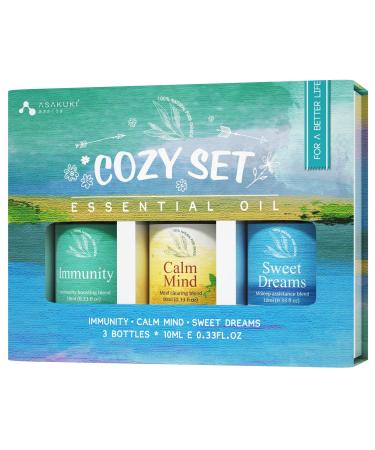 ASAKUKI Essential Oils Set Aromatherapy Diffuser Oils Blends 100% Natural Fragrance Essential Oils for Stress Relief Sleep Better & Feel Good The Little Box of Cozy Gift Set 3x10mL 3-pack Cozy Set With Gift Box