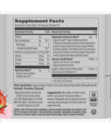 Sunwarrior Plant-Based Preworkout Powder - Hydration Blend with Coconut Water & Mushrooms | Sugar-Free Gluten-Free Dairy-Free | Watermelon Wave 30 Servings - Buy Online on GoSupps.com