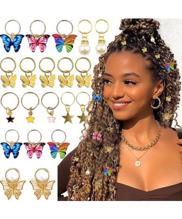 NAISKA 20Pcs Gold Butterfly Braid Clips Crystal Dreadlock Hair Accessories Colorful Butterflies Pendant Charms Pearl Shiny Hair Accessories Star Braid Beads Clips Cuffs Rings Hair Jewelry Gifts for Women and Teen Girls (...