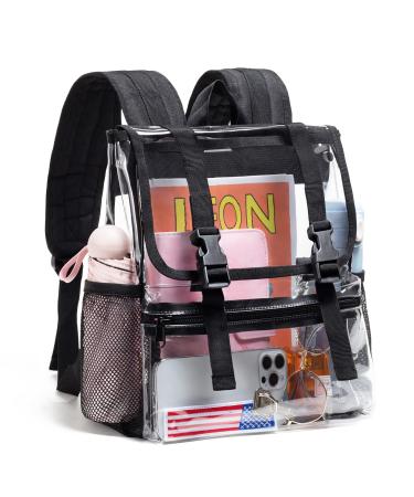 Vorspack Clear Mini Backpack - Stadium Approved Small Clear Backpack for Women Heavy Duty PVC Stadium Backpack with 2 Water Holders for Concerts Work Sports Festivals - Black