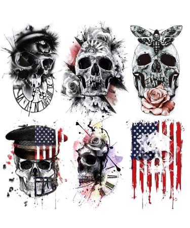 Halloween Skull Temporary Tattoos, 6-Sheet Large Fake Skull Half Arm Tattoos Sticker for Adult Kids Parties Halloween Cosplay Makeup