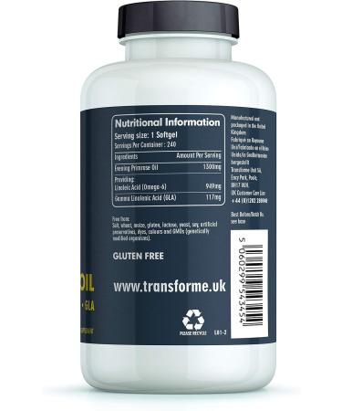 Transforme Evening Primrose Oil Capsules 1300mg - Cold Pressed Omega 6 GLA & LA - 240 Softgels, Gluten Free - 240 Count - Buy Online on GoSupps.com