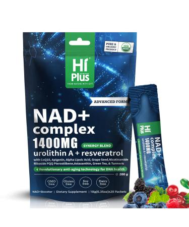 1400mg NAD+ Liquid Supplement for Anti Aging and Cell Regeneration, Urolithin A, Premium Alternative Liposomal, Nicotinamide Riboside with Resveratrol, PQQ & CoQ10 - Advanced Cellular Energy, 20 Pack 20 Count (Pack of 1)