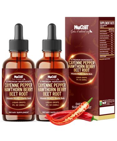 11in1 Cayenne Pepper Liquid Drops with Hawthorn Berry Beet Root Turmeric Ginger and More - Nutrient Absorption - 2 Pack (60ml Total) - 60Days