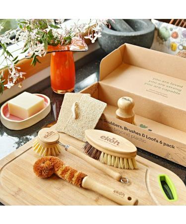 EKOH 6-Pack Bamboo Brushes & Loofah Sponges Set | Dry Brushing Body, Nail & Feet Scrubber | Bottle & Dish Brush | Natural Soft Bristles | Home Shower & Bath Essentials - Buy Online on GoSupps.com
