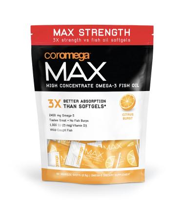 Coromega MAX High Concentrate Omega 3 Fish Oil, 2400mg Omega-3s with 3X Better Absorption Than Softgels, 60 Single Serve Packets, Citrus Burst Flavor; Anti Inflammatory Supplement with Vitamin D Citrus Burst 60 Count (Pa