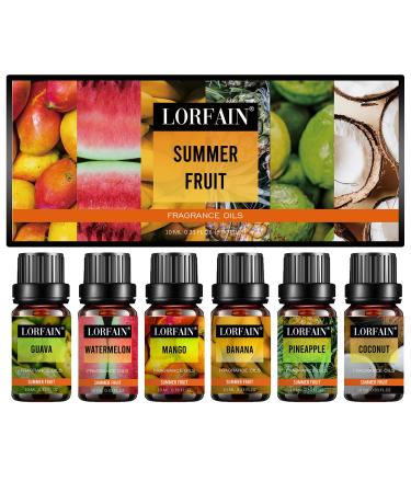 LorFain Fruity Fragrance Oil Gift Set for Soap, DIY Candle, Bath Bombs Making, Premium Grade Scented Oils - Summer Fruit (6x10ml/0.34fl.oz)