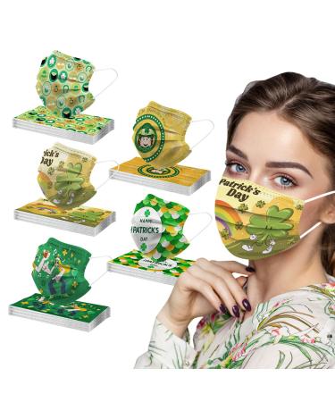 50PCS St Patricks Day Disposable Face_M sks for Adults 3-Layer Breathable Protection Holiday Party Decorations for Women Men