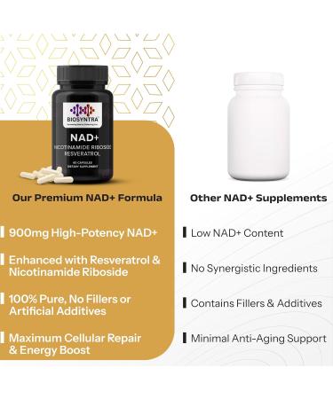 Biosyntra NAD+ Supplement 900mg Nicotinamide Riboside with Resveratrol Pure Anti-Aging Supplement for Cellular Energy Longevity & Vitality 3rd Party Tested Non-GMO Gluten-Free 60 Capsules - Buy Online on GoSupps.com