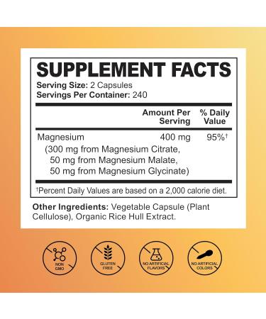 Triple Magnesium Complex Supplement 400mg with Citrate Malate & Glycinate Complete Chelated Magnesium Blend for Women & Men 120 Days of Daily Multi Magnesium Nutrition 240 Capsules 240 Count (Pack of 1) - Buy Online on GoSupps.com