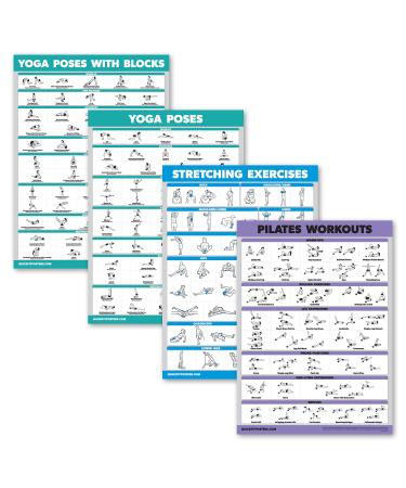 4 Pack - Yoga Block Poses + Pilates Exercise + Yoga Poses Positions + Stretching Posters - Set of Four Fitness Charts 18 x 24 LAMINATED