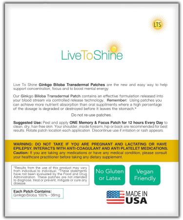 Live To Shine Ginkgo Biloba Patch - 30 Gingko Transdermal Patches - One Month Supply for Women and Men - USA Made - Buy Online on GoSupps.com