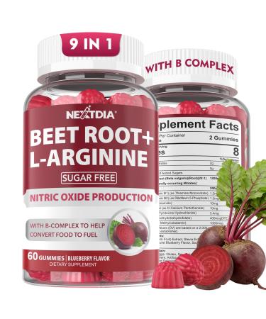 Beet Root Gummies, Beetroot & L-Arginine, Red Beets Supplements w/ Vitamin B1, B2, B3, B5, B6, Folate, B12 for Energy Boost & Circulation Support, Sugar Free Nitric Oxide Gummies, 120 Beet Chews 60 Count (Pack of 2)