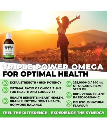 OMEGA 3-6-9 SYNERGY: Organic / Vegan / 225 000MG / 240ml. Optimal Omega 3 6 9 With Hemp Oil. Extra Strength + High Potency for Joints / Pain / Inflamation / Heart / Brain / Stress / Beauty. Rich in GLA. Natural Hemp Flavour - Buy Online on GoSupps.com