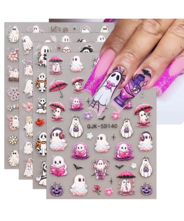 JMEOWIO 3D Embossed Halloween Nail Art Stickers Decals Self-Adhesive 5D Cute Ghost Pink Flower Nail Supplies Nail Art Design Decoration Accessories 4 Sheets