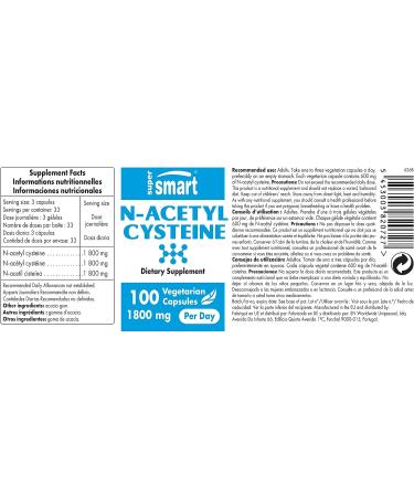 Supersmart NAC N-Acetyl Cysteine 1800mg - Antioxidant & Anti-Aging Supplement - Glutathione Precursor | 100 Vegetarian Capsules - Buy Online on GoSupps.com