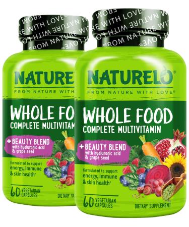 NATURELO Whole Food Multivitamin with Extra Hair Skin & Nails Support - Beauty Blend with Hyaluronic Acid & Grape Seed - High Potency Biotin Vitamin C & Glutathione 60 Vegan Capsules (Pack of 2) Unflavored 60 Count (Pac