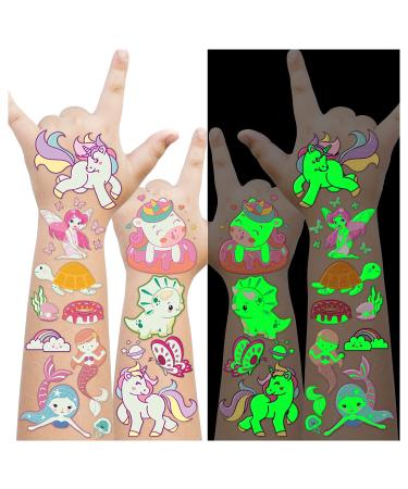 123 Styles Luminous Temporary Tattoos for Girls Kids Gifts  Fake Unicorn Mermaid Butterflis Dinosaur Tattoo Stickers for Toddler  Birthday Party Supplies Favors for Kids Glow Makeup in the Dark-10 sheets