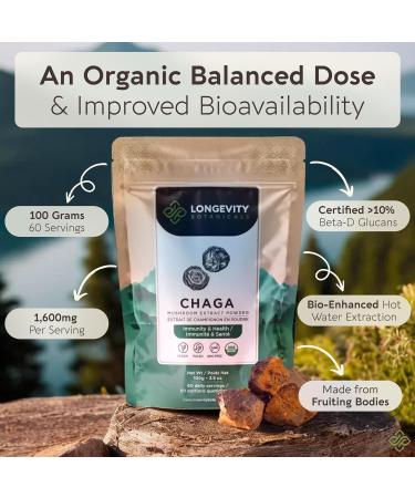 Longevity Botanicals Organic Chaga Mushroom Extract Powder 100g | Concentrated 10:1 Ratio | 100% Fruiting Bodies | Inonotus Obliquus Natural Supplement for Immune Function Antioxidants & Vitality - Buy Online on GoSupps.com