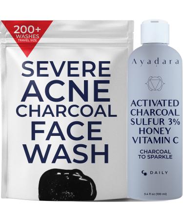 Ayadara Cystic, Hormonal, & Severe Acne Charcoal Face Wash | Prevents Future Breakouts, Inflamed Pores, & Dark Spots | Deep Cleansing Sulfur Acne Facial Cleanser for Oily & Sensitive Skin | 200+ Uses 3.4 Fl Oz (Pack of 1)