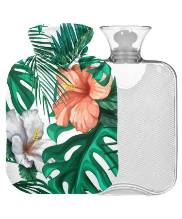 NAANLE hot water bottle with cover watercolor palm leaf flower transparent hot water bottle 2 l large warm-up bag for menstrual cramps pain relief handfoots heat and cold therapy