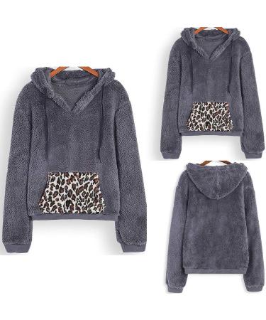 Bigfanshu Womens Sweaters Winter Warm Long Sleeve Stitching Leopard Plush Blouse Coat Sweater Gray - Buy Online on GoSupps.com