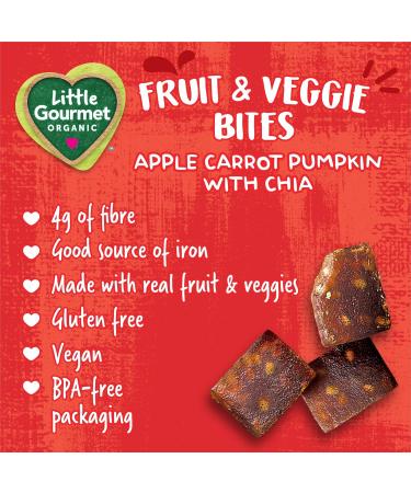 Little Gourmet Organic Fruit & Veggie Bites - Pumpkin Apple with Chia - Non GMO Gluten-Free Vegan No Preservatives No Artificial Flavours No Refined Sugars - 60g Resealable Pouch 8 Count Pumpkin Apple with Chia 60 g (Pack of 8) - Buy Online on GoSupps.com