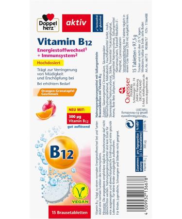 Double Heart Vitamin B12 - High-Dose Vegan Effervescent Tablets for Energy Metabolism - 15 Orange Pomegranate Flavor (2 Pack) - Buy Online on GoSupps.com