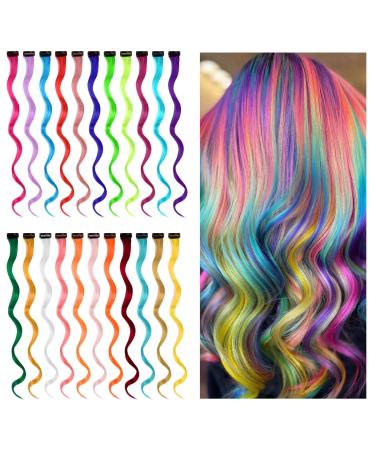 Aomig strands of hair for bricking 22 PCs strands of hair for clipping 22 inches curly lure colored hair strands for girls rainbow colored hair extensions clip for party accessories hair parts 22 pieces - rose red