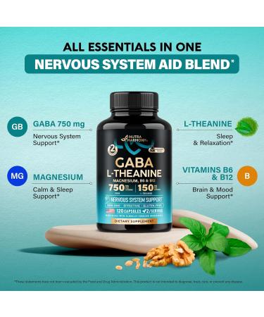 GABA L-Theanine 900 mg - Made in USA - Magnesium | Vitamin B6 - Calm Sleep Relaxation & Mood Support - 750 mg Gamma AminoButyric Acid 150 mg L-Theanine - Non-Habit Forming Vegan - 120 Capsules 120 Count (Pack of 1) - Buy Online on GoSupps.com
