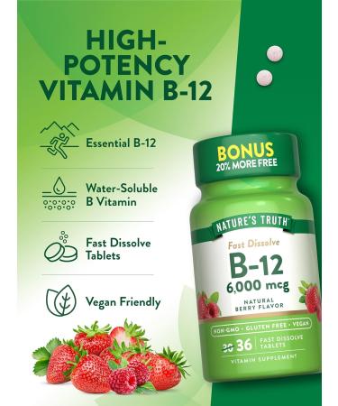 Nature's Truth B12 Vitamin 6000 mcg | Methylcobalamin | 36 Tablets | Fast Dissolve Natural Berry Flavor | Vegan Non-GMO & Gluten Free - Buy Online on GoSupps.com