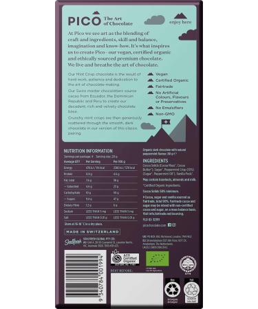 Pico Mint Crisp Dark Chocolate Vegan Bar - Handcrafted Swiss Mint Chocolate, Organic Ingredients - 80g - Buy Online on GoSupps.com