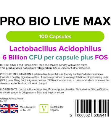 Lindens - Pro Bio Live Max 6 Billion CFU Capsules - 100 Pack - UK Made - Contributes to a Healthy Gut and Supports Digestion - Probiotic Vegetarian Capsules - Letterbox Friendly Vegan - Buy Online on GoSupps.com