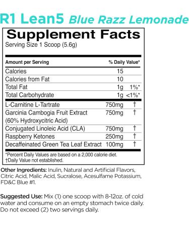 Buy Rule 1 R1 Lean5 Blue Razz Lemonade - Stimulant-Free Weight Loss Formula with CLA & Garcinia Cambogia - 60 Servings - International Shipping Available - Buy Online on GoSupps.com