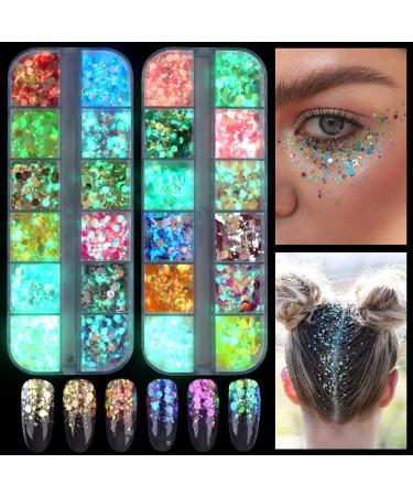 15 Colors Glow in The Dark Face Body Glitter Gel Holographic Iridescent  Chunky Glitter for Women UV Black Light Glitter for  Body/Face/Hair/Eyeshadow/Nail Glitter Makeup for Carnival Party (Set B)