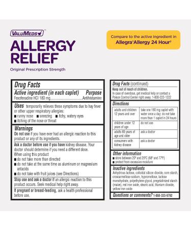 ValuMeds 24-Hour Allergy Medicine (100-Count) | Fexofenadine HCl Tablets | Non-Drowsy Antihistamine | Pollen, Hay Fever, Allergies | Kids & Adults | Compare to Allegra - Buy Online on GoSupps.com