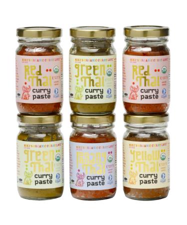 Organic Variety Pack Curry Paste Mike s Organic Curry Love vegan sugar free gluten free. Perfect for Thai curries and other dishes | Case of 6 x 4.23 oz Glass Jars | 2 jars Red 2 jars Green 1 jar Panang 1 jar Yellow Variety Case 4.23 Ounce (Pack of 6)