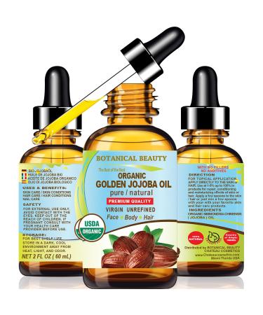 Botanical Beauty Organic JOJOBA OIL 100% Pure Natural VIRGIN UNREFINED Cold-Pressed Carrier Oil 2 Fl oz 60 ml for Face Skin Body Hair Lip Nails. Rich in Vitamin E Omega 6 Omega 9