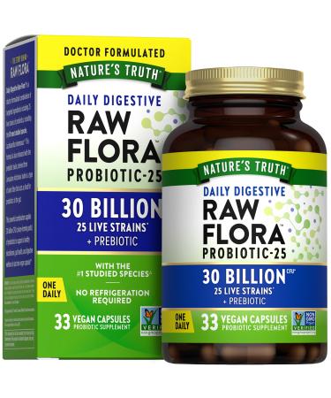 Raw Flora Probiotics with Prebiotics | 30 Billion CFU | 33 Daily Digestive Capsules | Vegan, Non-GMO & Gluten Free Supplement for Women and Men
