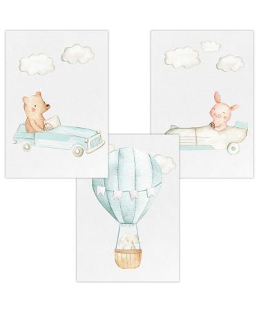 Olgs Children's Room Set of 3 Posters Pictures | Decorative Wall Pictures for Baby Room | Bear Piglet Elephant | Cars and Hot Air Balloon Boy