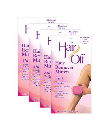 Hair Off Hair Remover Mitten - All-Natural, Painless & Chemical Free - Full Body Hair Removal - Slows & Lessens Regrowth - Exfoliates Skin (3 Mittens Per Box, Pack of 4)