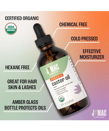 J MAC BOTANICALS Organic Castor Oil 100% Pure (4oz Glass Bottle with Dropper) - for Eyelashes Eyebrows Hair & Skin 4 Fl Oz (Pack of 1) - Buy Online on GoSupps.com
