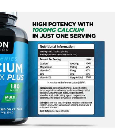 High Strength Calcium and Vitamin D Supplement - 180 Tablets with Vitamin D3, Magnesium, Zinc & Vitamin C - Supports Bone, Cartilage & Muscle Health - Osteo Supplements - Buy Online on GoSupps.com