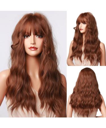 Oefei 22 inches long corrugated chestnut brown wig with pony natural synthetic hair heat -resistant wigs for women cosplay daily party use auburn frizz