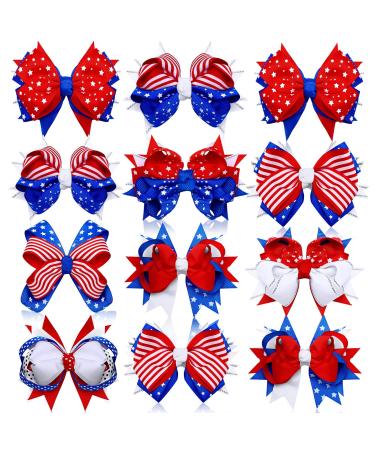 12 Pcs 4th of July Hair Bows Clips Patriotic Hair Accessories American Flag Boutique Alligator Hair Clips Colorful Independence Day Hair Clip Colorful Hairpins Barrette for Girls