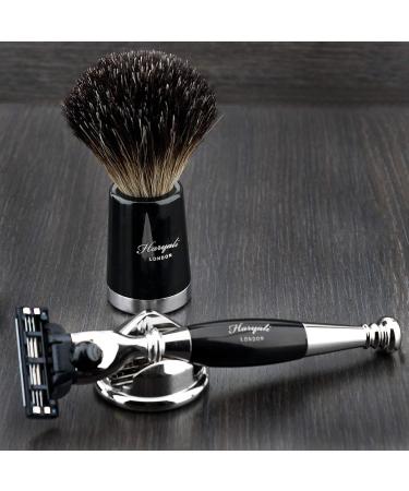Premium Men's Shaving Kit: 3 Edge Razor Black Badger Hair Brush & Elegant Stand - Buy Online on GoSupps.com